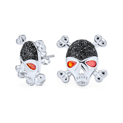 Unisex Dia De Los Muertos CZ Stud Earrings Skull Crossbones Red Eye Silver Brass