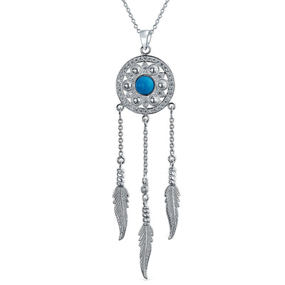 Western Boho Turquoise Feather Dream Catcher Pendant Necklace Sterling Silver