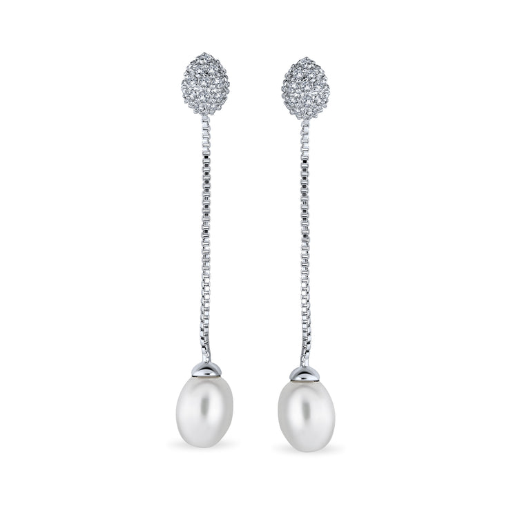 CZ White Freshwater Cultured Pearl Chain Dangle Earrings Silver Plate