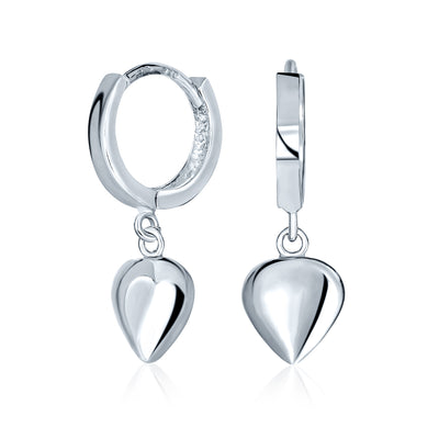 Romantic Love Heart Dangle Earrings in  Sterling Silver Huggie Mini Hoops