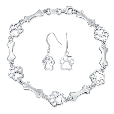 Animal BFF Pet Dog Puppy Charm Bone & Paw Print Bracelet Earrings Sterling Silver