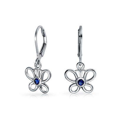 Blue CZ Dangle Lever back Butterfly Earrings .925 Sterling Silver