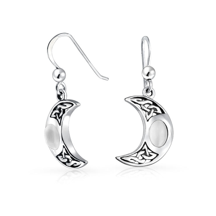 White Crescent Moon Moonstone Celtic Knot Oval Dangle Earrings Silver