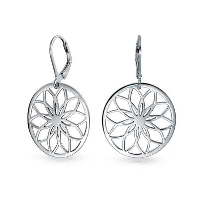 Floral Garden Round Circle Disc Cutout Flower Dangle Earrings Sterling Silver