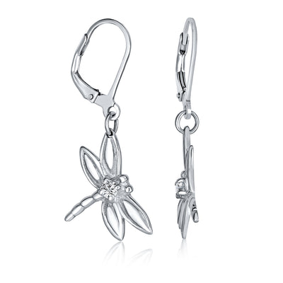 Garden Insect Drop Lever back Dragonfly Earrings CZ Sterling Silver