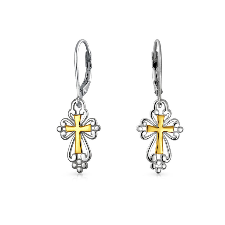 Religious Fleur De Lis Dangle 2 Tone Cross Earrings Gold Plated Silver