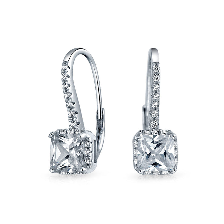 Solitaire Princess Square CZ Drop Earrings .925 Sterling Silver