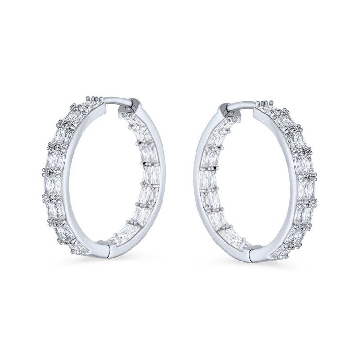 Bridal Statement CZ Hoop Earrings Emerald Cut Cubic Zirconia Milgrain Silver 1 Inch