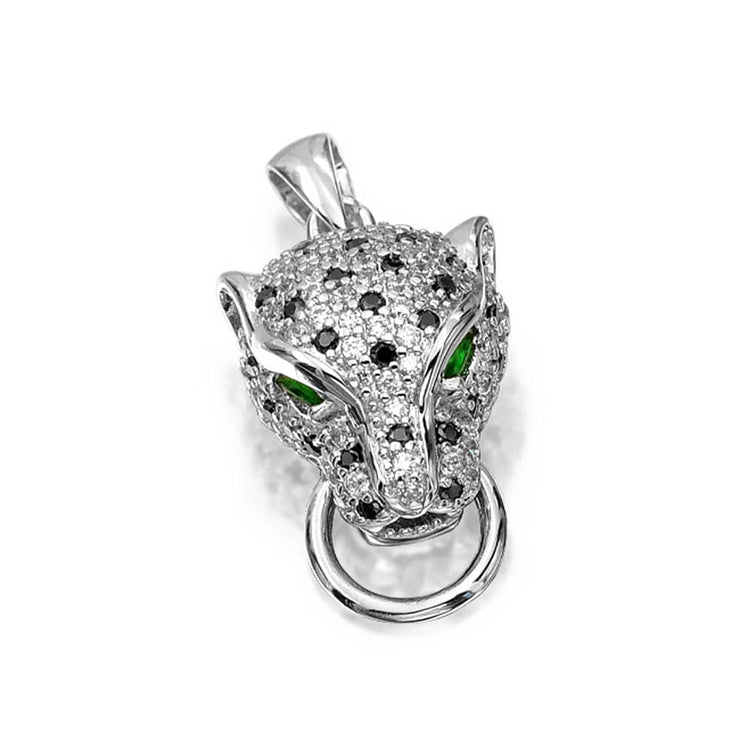 Art Deco Style Panther Pendant Necklace with Green Eye CZ Silver Plated Brass