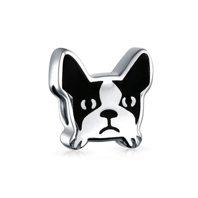 French Bulldog Charm Bead Black White Enamel Sterling Silver for Bracelets