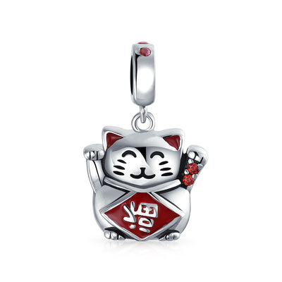 Japanese Maneki Neko Lucky Cat Dangle Charm Bead Red Enamel Sterling Silver