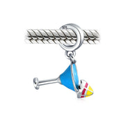 Set of 2 Tropical Umbrella Drink Glass Dangle Charm Bead Enamel Oxidized Silver