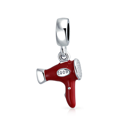 Hair Dryer Dangle Charm Bead for Stylists - Red Enamel Sterling Silver Bracelet