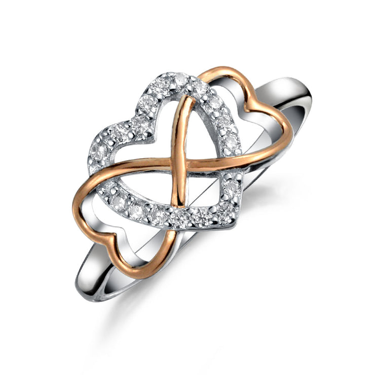 Two Tone Heart CZ Infinity Ring Rose Gold Plated 925 Sterling Silver