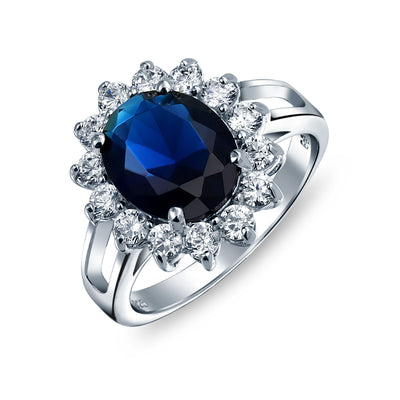 Classic 5CTW Royal Blue CZ Halo Oval Simulated Sapphire Engagement Ring Silver