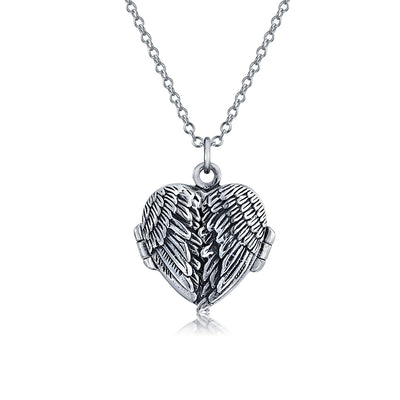 Guardian Angel Wing Feather Heart Necklace Photo Locket Dark Silver LG