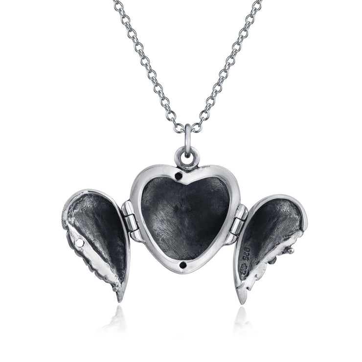 Guardian Angel Wing Feather Heart Necklace Photo Locket Dark Silver LG