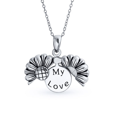 MY LOVE Words Sunflower Locket Pendant Necklace Sterling Silver