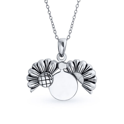 Engravable Flower Sunflower Locket Pendant Necklace Sterling Silver