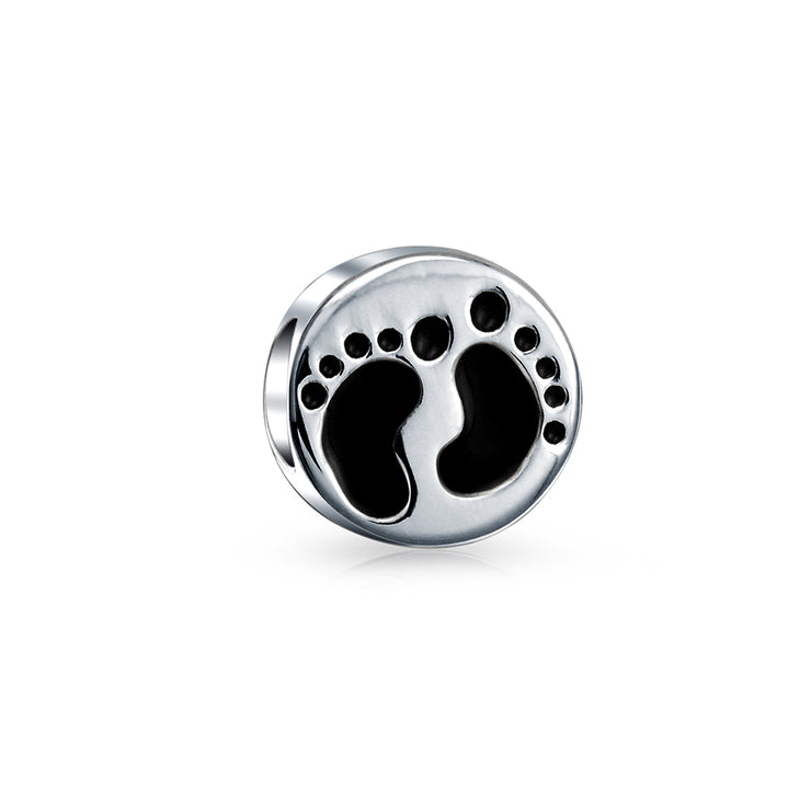 Set of 3 Black White Sand Tiny Feet Footprints Charm Bead Murano Glass Silver