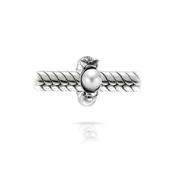 Set of 2 White Simulated Pearl Flower Charm Bead Sterling Silver for Bracelet