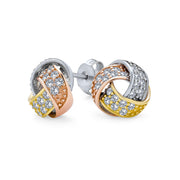 Tri Color Twisted CZ Stud Earrings Rose Gold Plated Sterling Silver