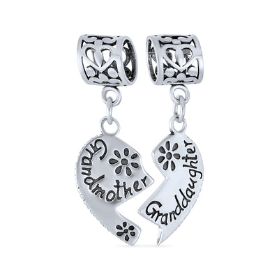 BFF Puzzle Heart Grandmother Granddaughter Dangle Charm Bead Sterling Silver Bracelet