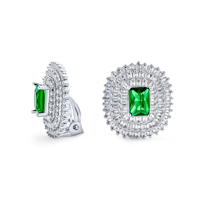 Traditional Art Deco Simulated Emerald Clip-On Earrings Silver Plated Non-Pierced