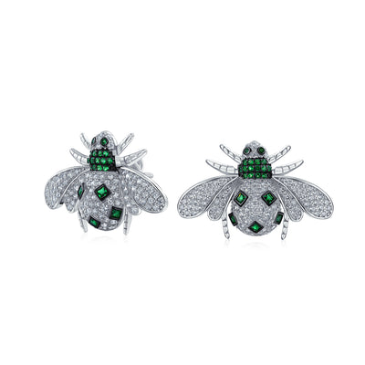 Estate Art Deco Style CZ Emerald Green Queen Bumble Bee Stud Earrings 925 Silver