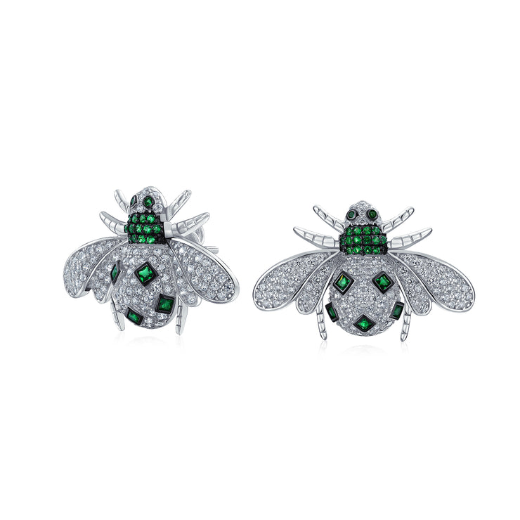 Art Deco Queen Bumble Bee Stud Earrings Imitation Green Emerald CZ