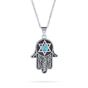 Hamsa Hand OF God Star OF David Pendant Necklace Blue CZ Black Plated