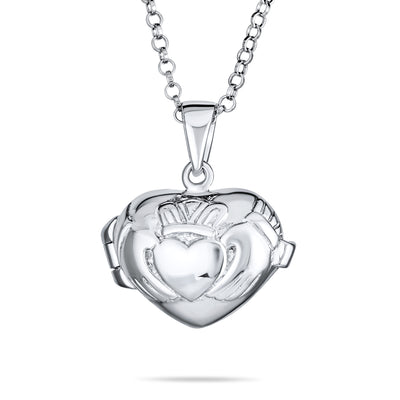 Irish Celtic Claddagh Puff Heart Locket Necklace Hold Photo Silver