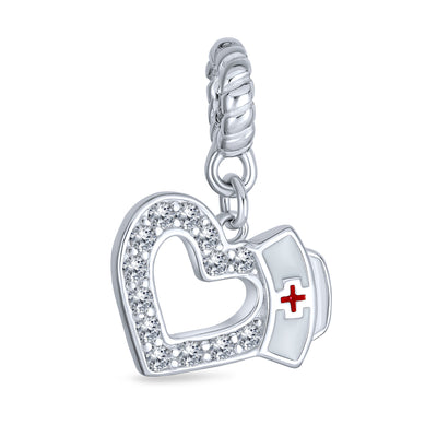 Caduceus RN Nurse Hat Heart Dangle Charm Bead White Enamel Sterling Silver Bracelet