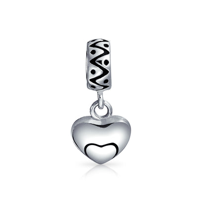 Swirl Heart Dangle Charm Bead in Oxidized Sterling Silver for European Bracelets