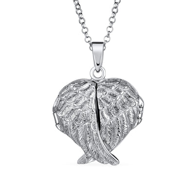 Guardian Angel Wing Feathered Heart Necklace Photo Locket Matte Silver LG