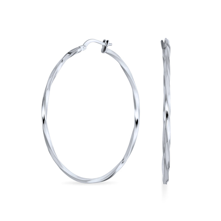 Wire Rope Cable Twist Medium Hoop Earrings .925 Silver 1.75 Inch Dia