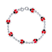 Enamel Station Multi Charm Red Ladybugs Bracelet .925Sterling Silver
