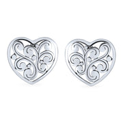 Swirl Filigree Scroll Heart Stud Earrings Women .925 Sterling Silver