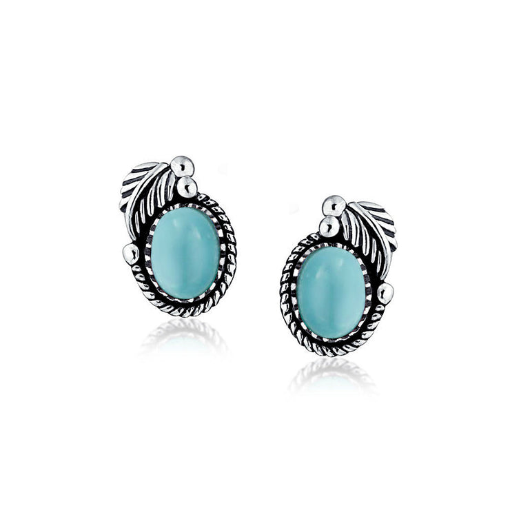 Larimar Gemstone Bezel Leaf Rope Edged Stud Earrings Sterling Silver