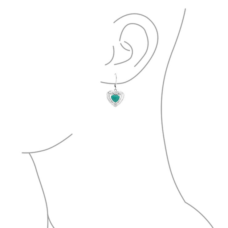 Turquoise Heart Shape Drop Earrings Scroll Filigree Sterling Silver