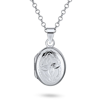 Carved Flower Floral Photo Oval Shape Locket Hold Pictures .925 Silver