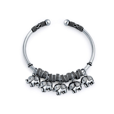 Bali Style Elephant Bangle Bracelet with 5 Charms in Antiqued Sterling Silver