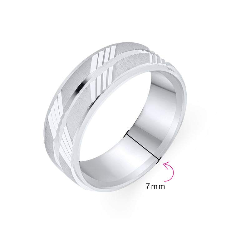 Mens Silver Ring: Sterling Silver Diamond Cut Wedding Band for Couples Striped Pattern