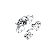 Set of 2 Elephant & Spiral Celtic Swirl Midi Toe Ring Oxidized Sterling Silver