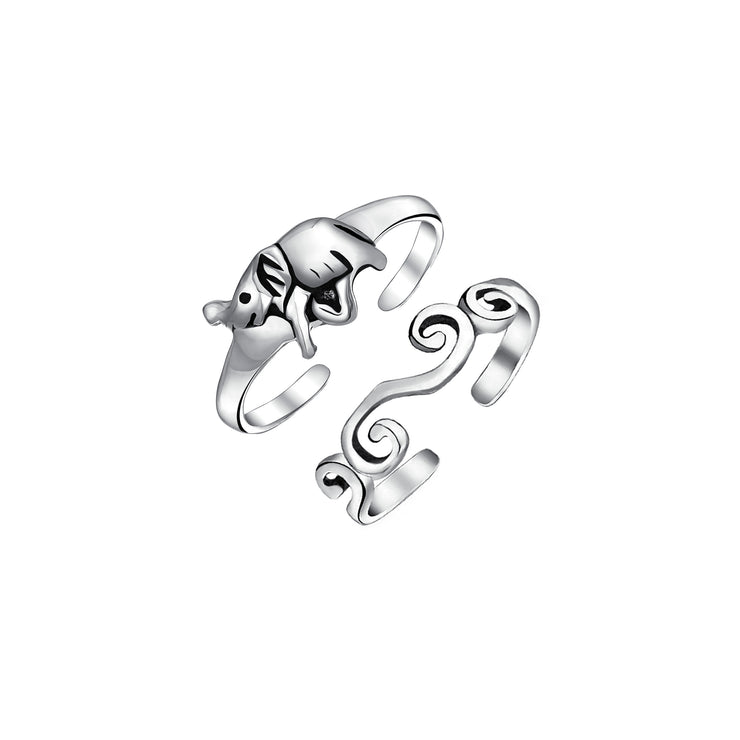 Set of 2 Elephant & Spiral Celtic Swirl Midi Toe Ring Oxidized Sterling Silver