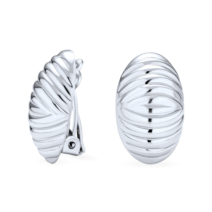 Ribbed carved Shrimp Dome Clip On Earrings Shiny .925 Sterling Silver