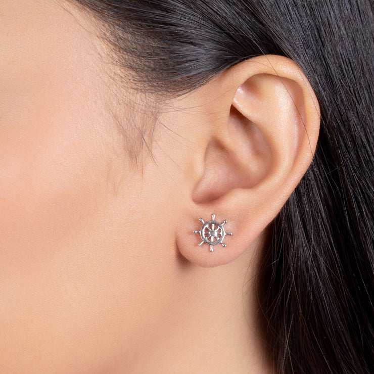 Set of 2 Small Nautical Sail Boat and Ship Wheel Stud Earrings Sterling Silver