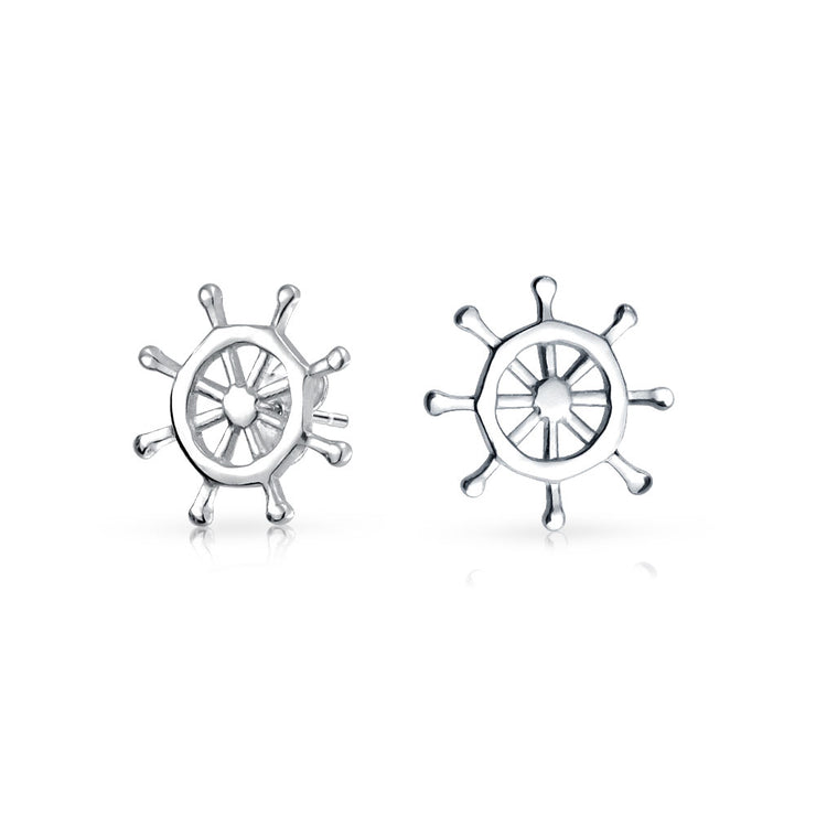 Nautical Boat Ship Wheel Small Stud Earrings Women .925 Sterling Silver