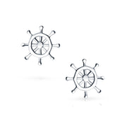 Set of 2 Small Nautical Sail Boat and Ship Wheel Stud Earrings Sterling Silver