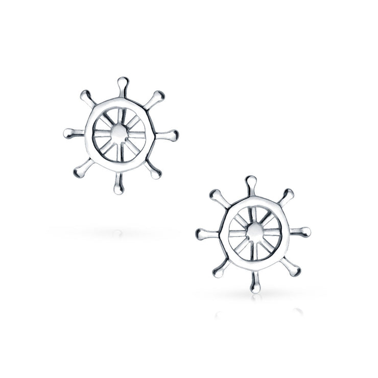 Set of 2 Small Nautical Sail Boat and Ship Wheel Stud Earrings Sterling Silver
